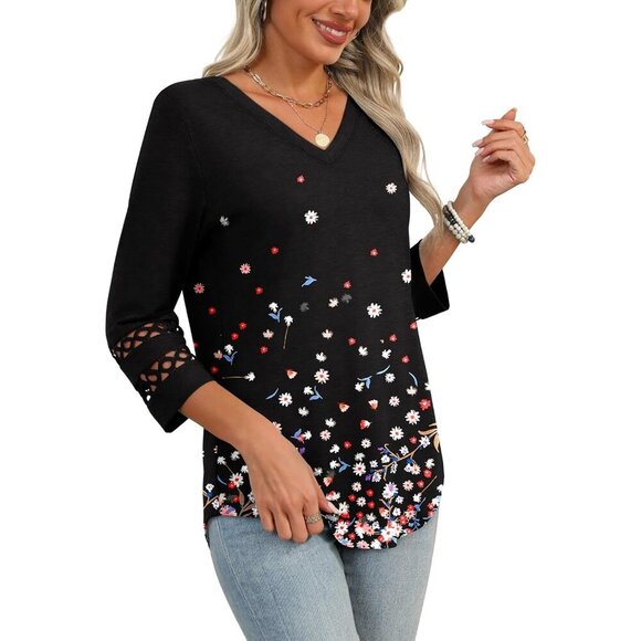 Womens Black Dressy Casual Polyester Blouses Trendy V Neck T Shirts Summer Tops - Picture 4 of 5